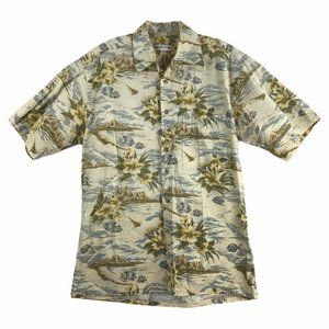 Pierre Cardin Mens Button Up Tropical Hawaiian Shirt Small Fish Hibiscus Beach